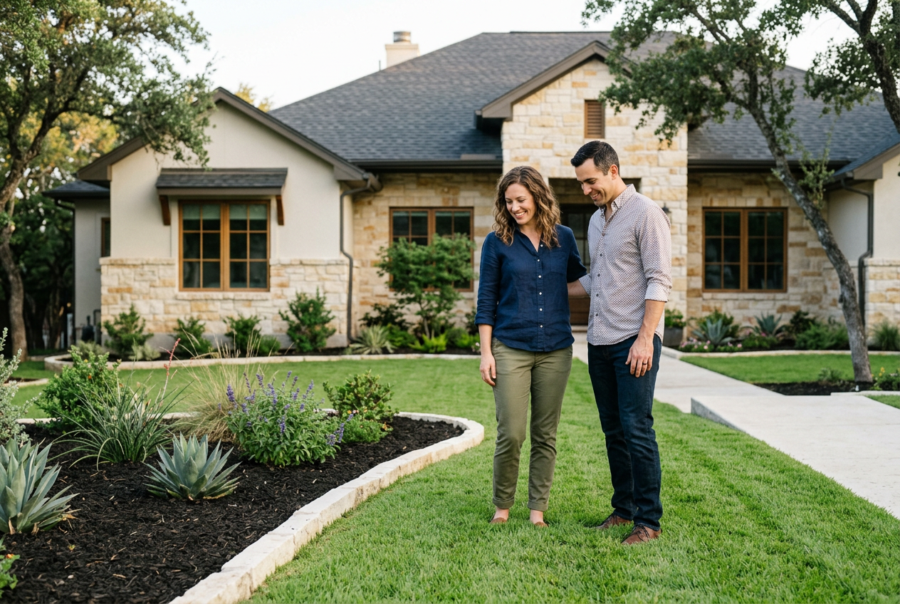 Homeowners smiling as they look over their freshly mowed lawn and mulched flower beds at an Austin home