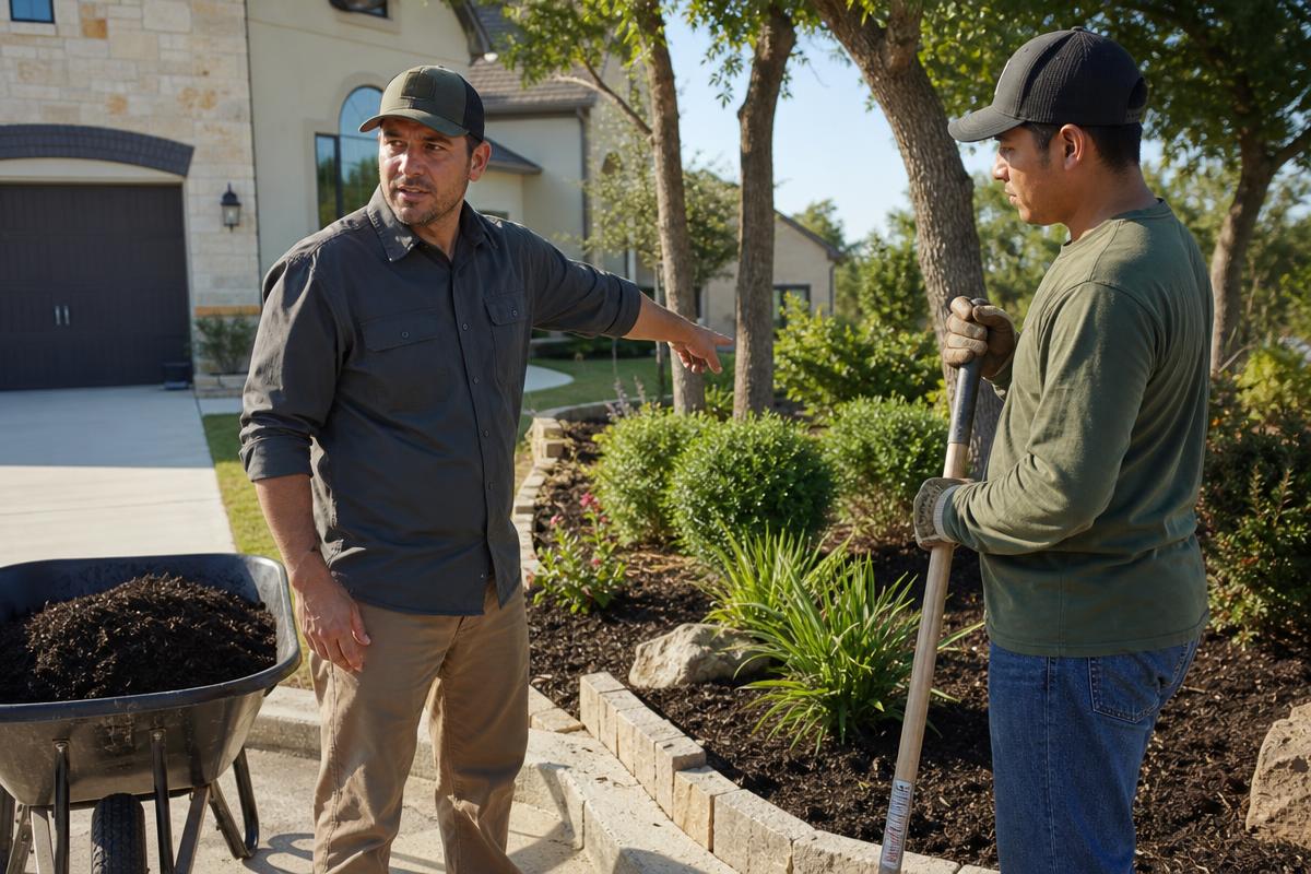 Landscaping company owner directing a crew member during bed mulching at an Austin residential job site