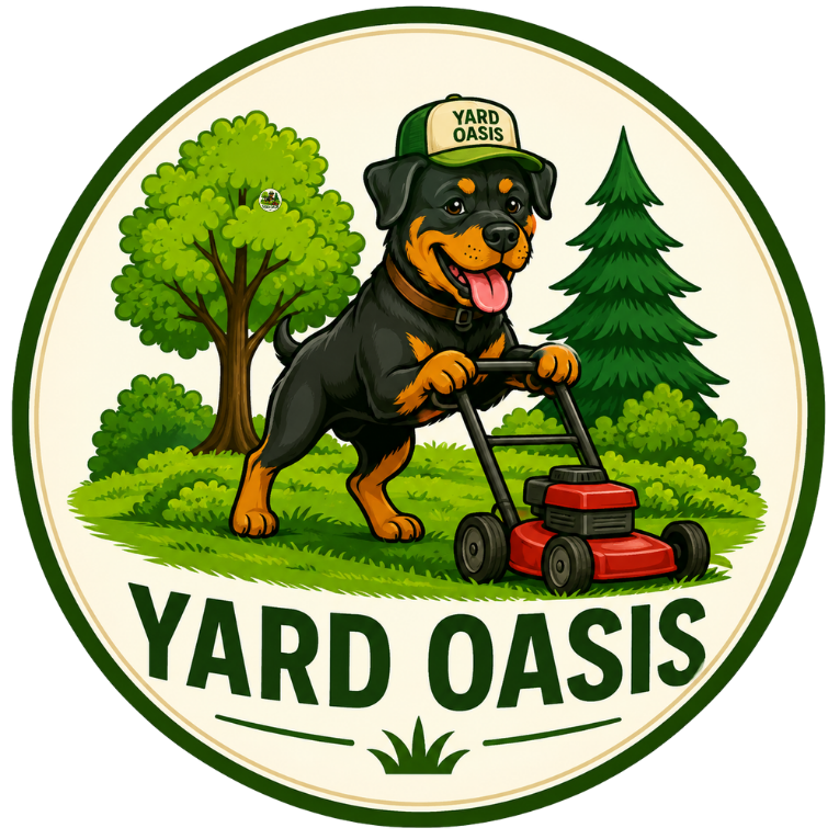 Austin Yard Oasis logo: a Rottweiler in a branded cap mowing a green lawn