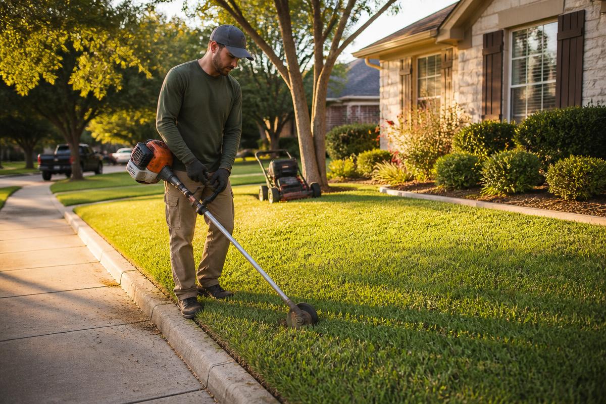 Landscaper edging a freshly mowed residential front lawn at an Austin, TX home
