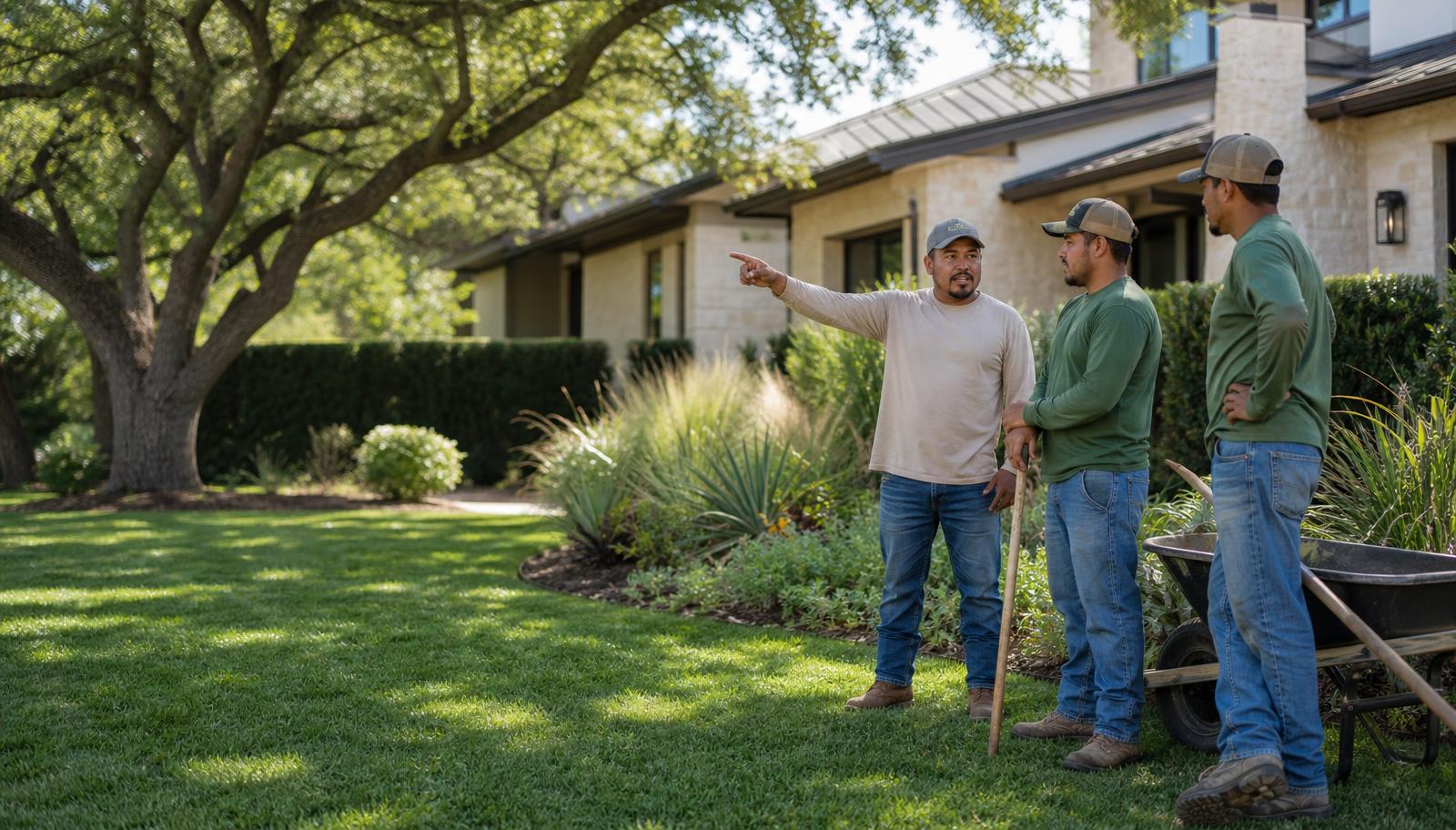 Austin Yard Oasis owner discussing yard work with his landscaping crew on a finished residential lawn