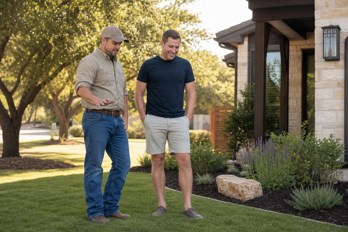 Landscaper reviewing a finished front-yard lawn and planting beds with a satisfied homeowner in Austin, Texas