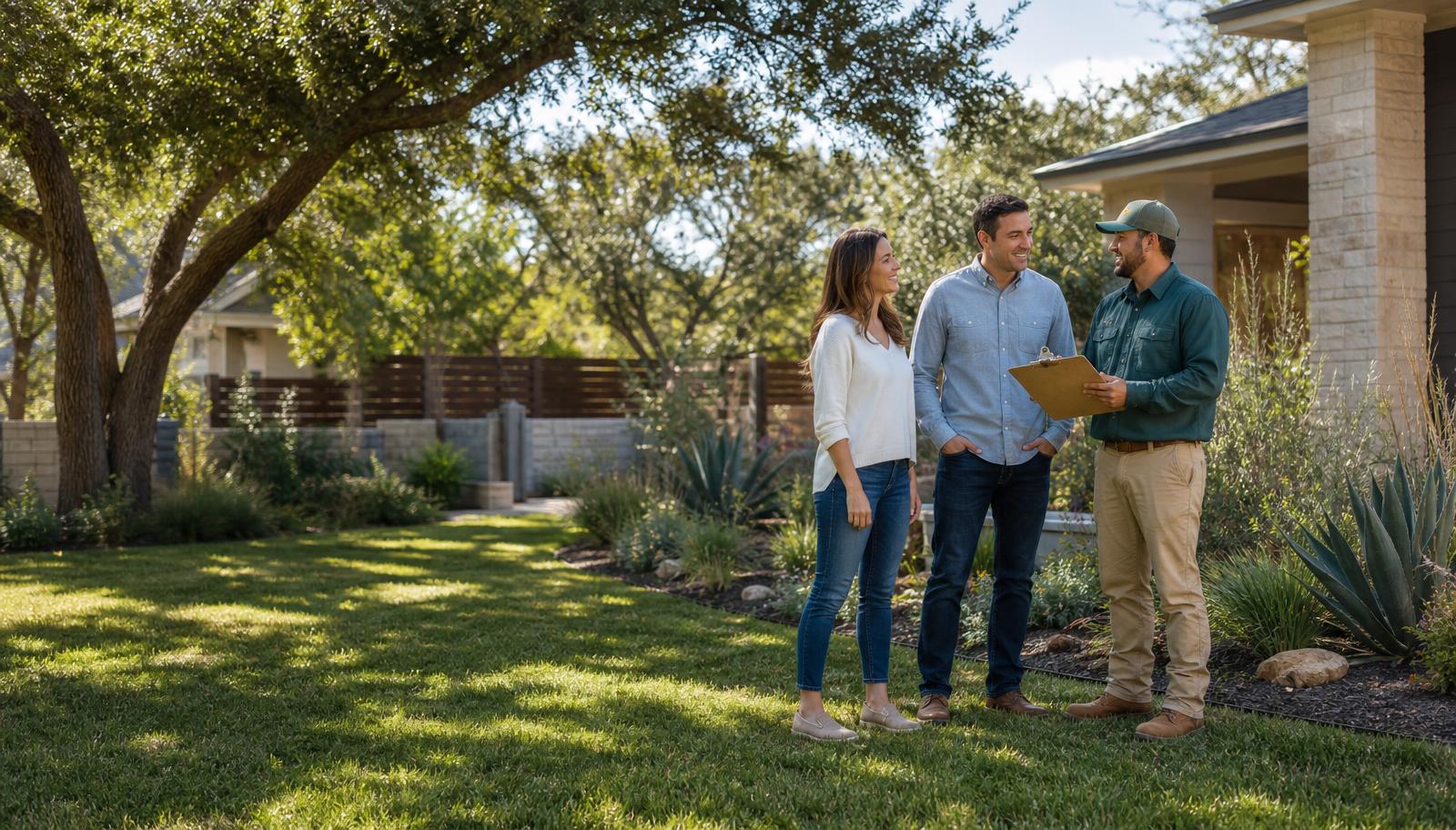 Landscaping professional answering questions for an Austin homeowner couple on their front lawn