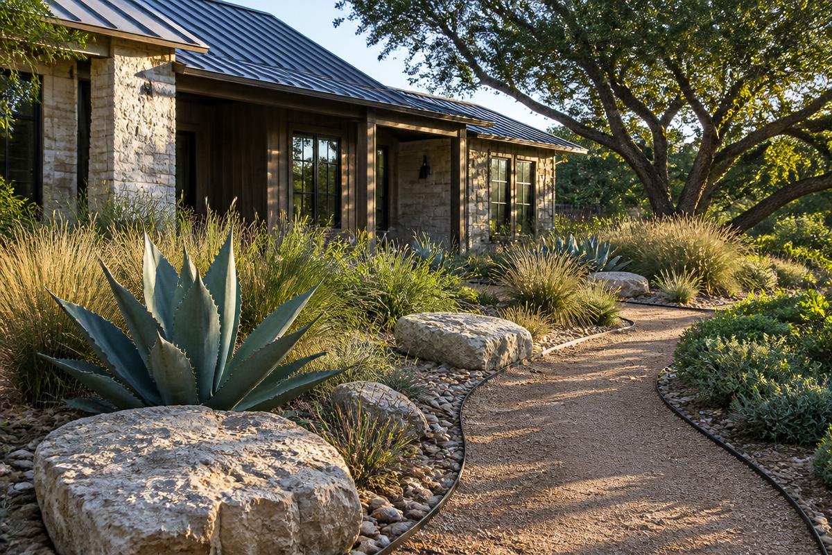Drought-tolerant Central Texas xeriscape front yard with native agave, ornamental grasses and limestone boulders at an Austin home