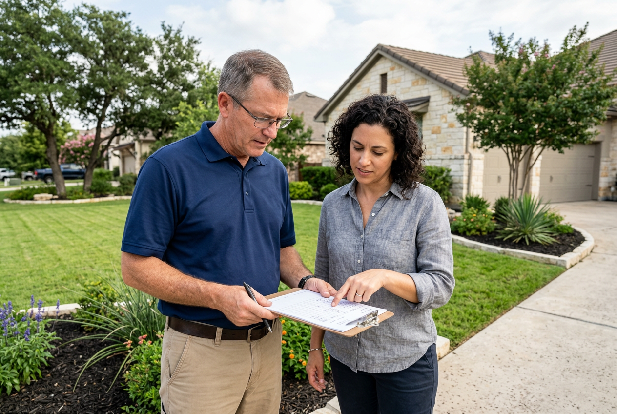 Landscaping estimator reviewing a written estimate on a clipboard with a homeowner in her driveway