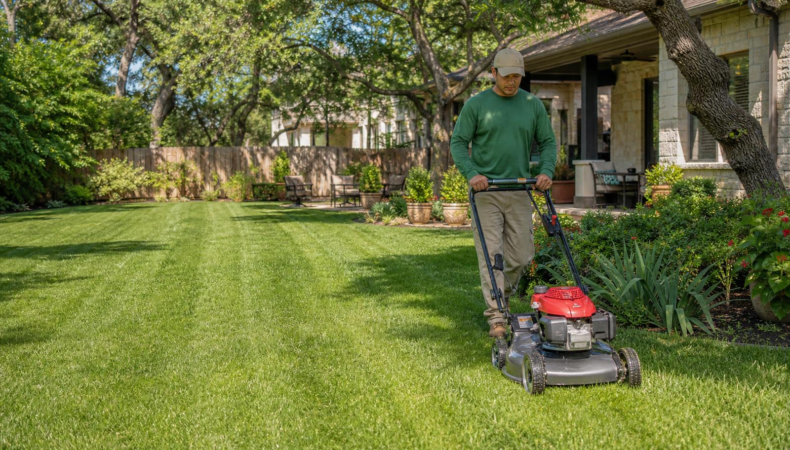 Landscaper mowing clean stripes into a healthy backyard lawn at an Austin home
