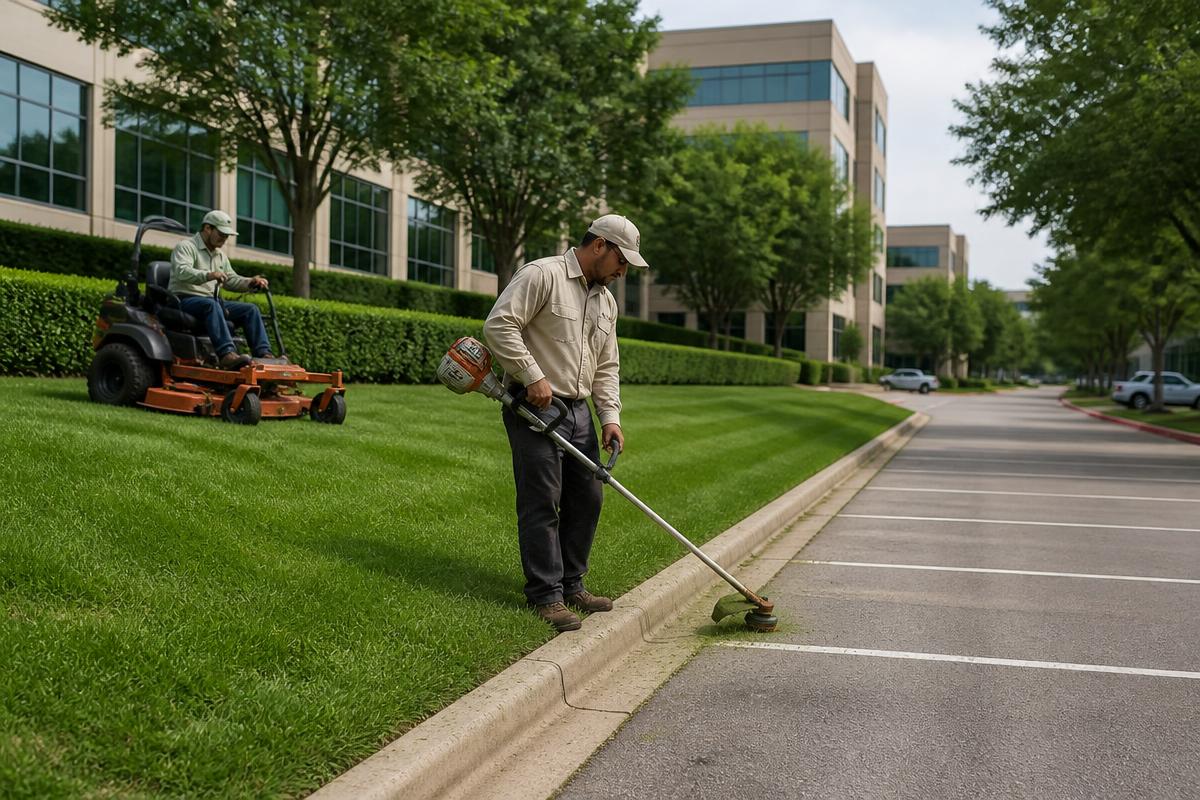 Grounds maintenance crew mowing and edging turf along an Austin office park parking lot