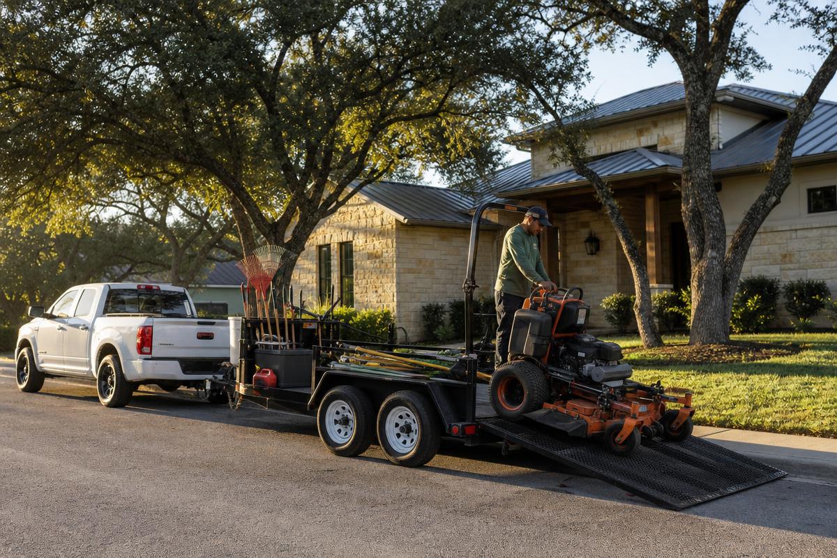 Landscaping crew unloading a commercial mower from a trailer at a suburban Austin home early in the morning