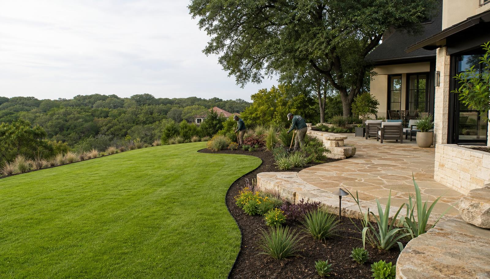 Professionally landscaped Austin home with fresh mowing, mulched beds and a flagstone patio
