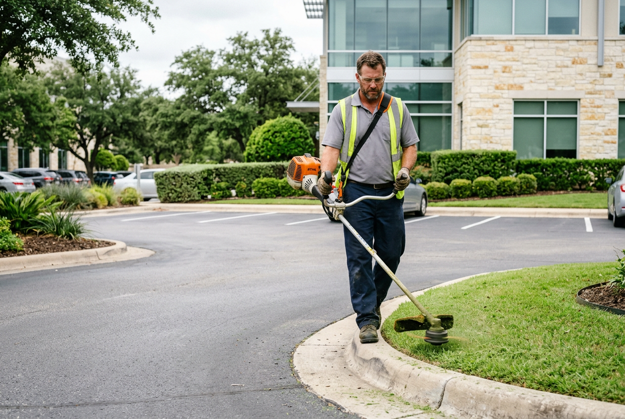 Grounds maintenance worker edging turf along a parking lot curb with a string trimmer at an Austin office property