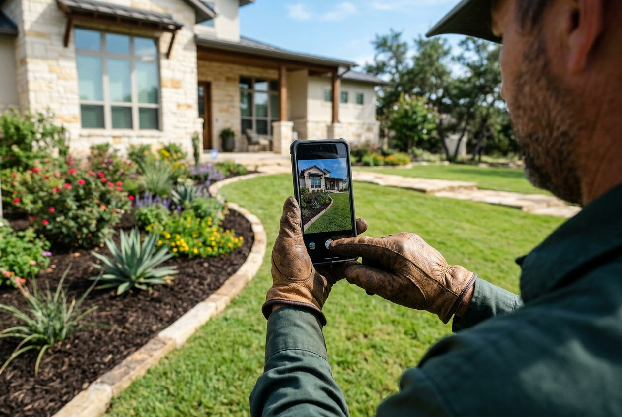 Landscaper photographing a freshly edged lawn and flower bed with a phone after finishing a service visit