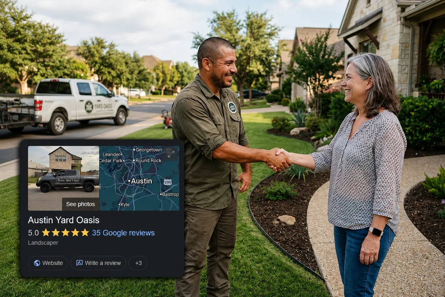 Google Business Profile showing Austin Yard Oasis with 5 stars and 35 local reviews