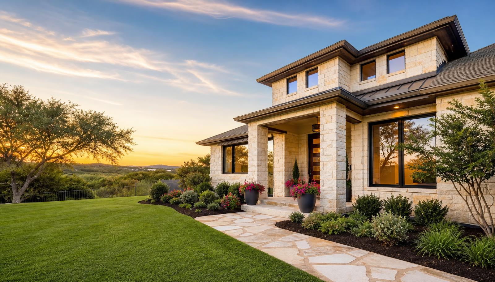 Austin home with pristine pre-listing curb appeal at golden hour