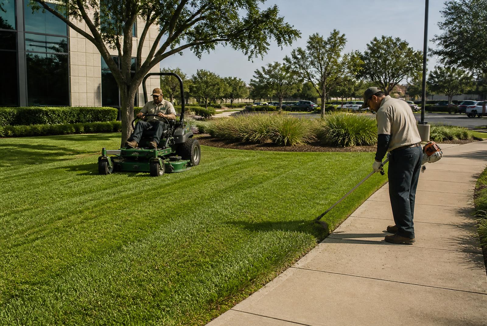 Commercial landscaping crew mowing and edging the lawn at an Austin office park