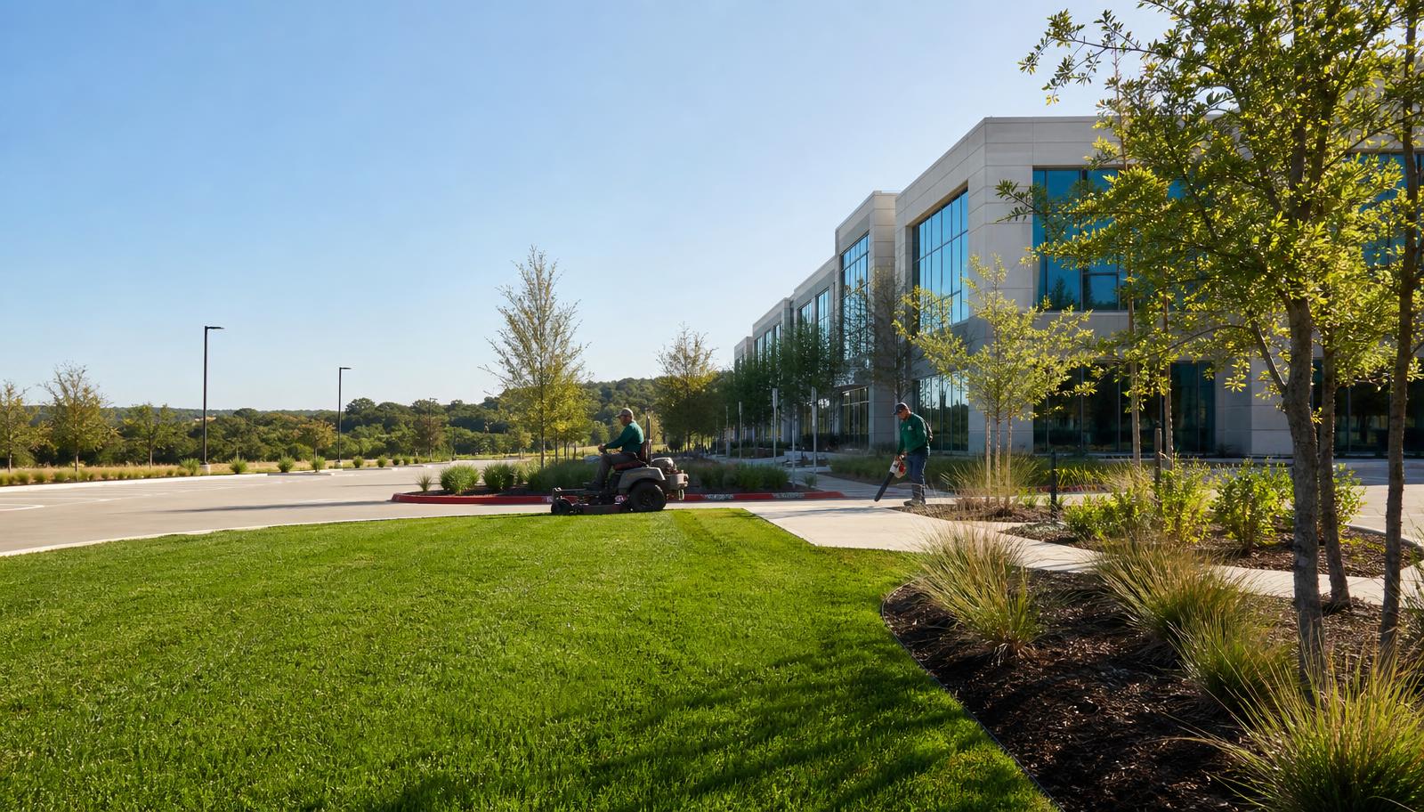 Landscaping crew maintaining the lawn and beds of an Austin commercial office property
