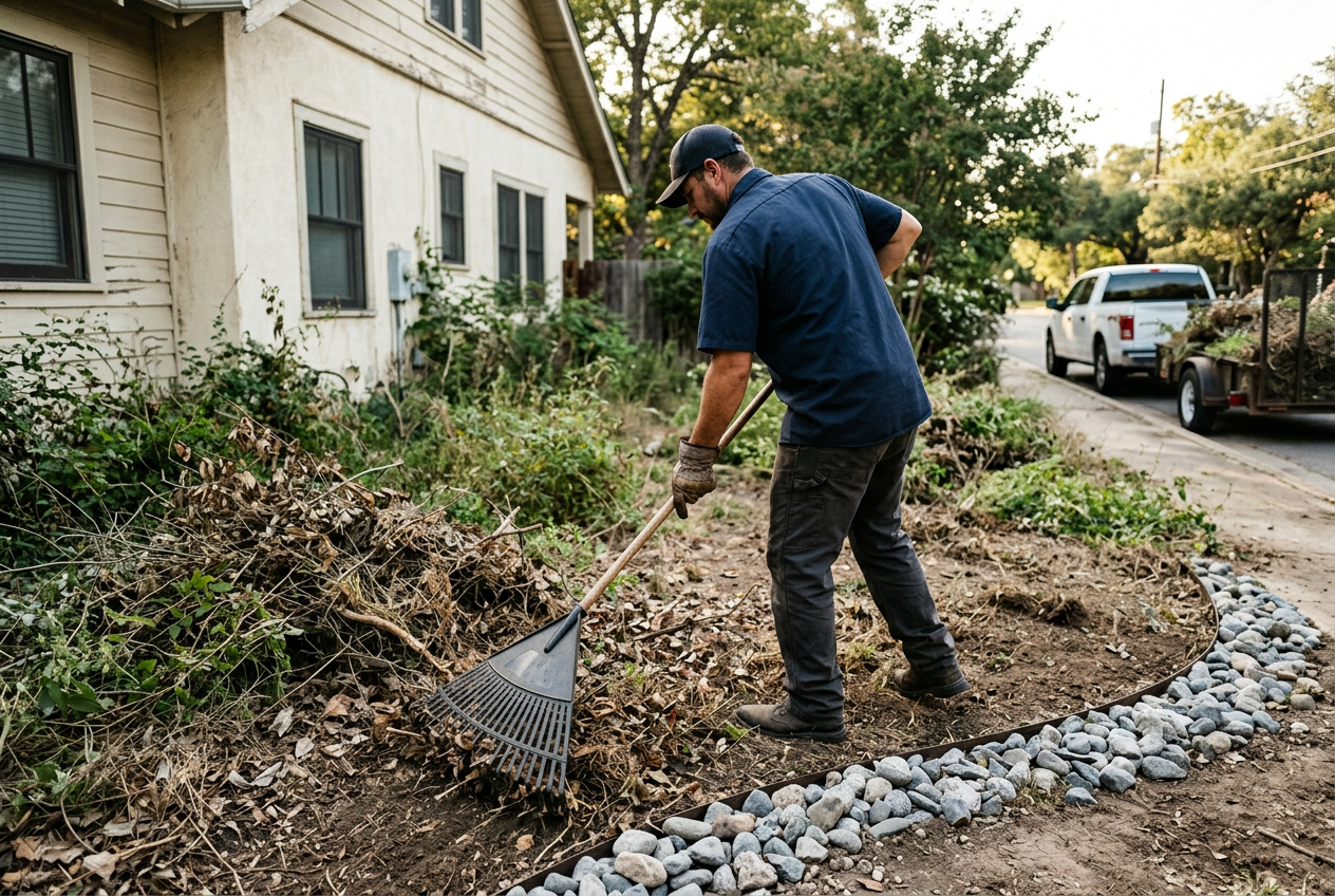 Landscaper raking cut brush and debris from an overgrown side yard beside a new river rock border during a pre-listing cleanup in Austin