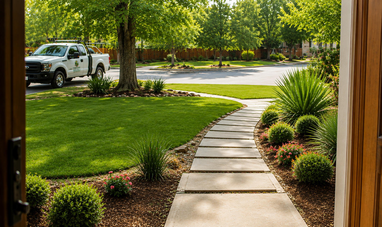 View from a front door of a neatly maintained Austin lawn, stone pathway, and the Austin Yard Oasis service truck