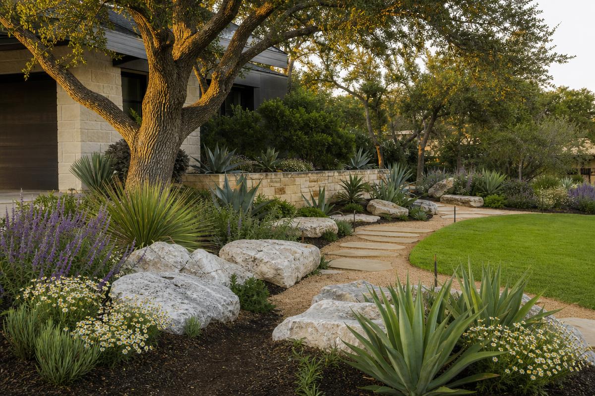 Drought-tolerant Central Texas xeriscape landscape with native agave, limestone boulders and heat-tolerant turf