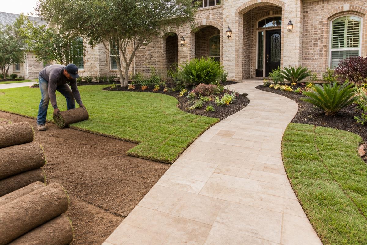 Fresh sod installation and new mulched beds beside a limestone walkway at a Texas home prepped for listing