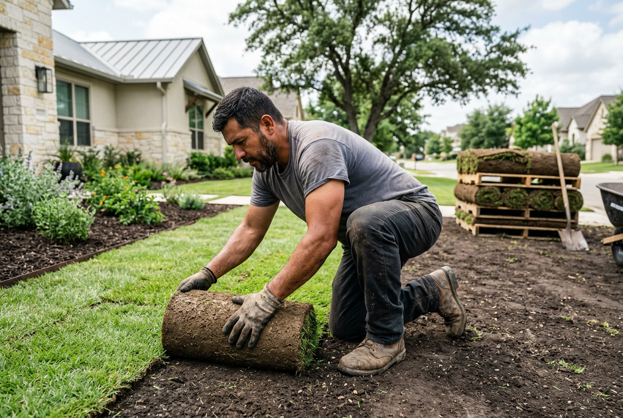 Landscaper kneeling to press a fresh sod roll into place on the front lawn of an Austin home being prepared for listing