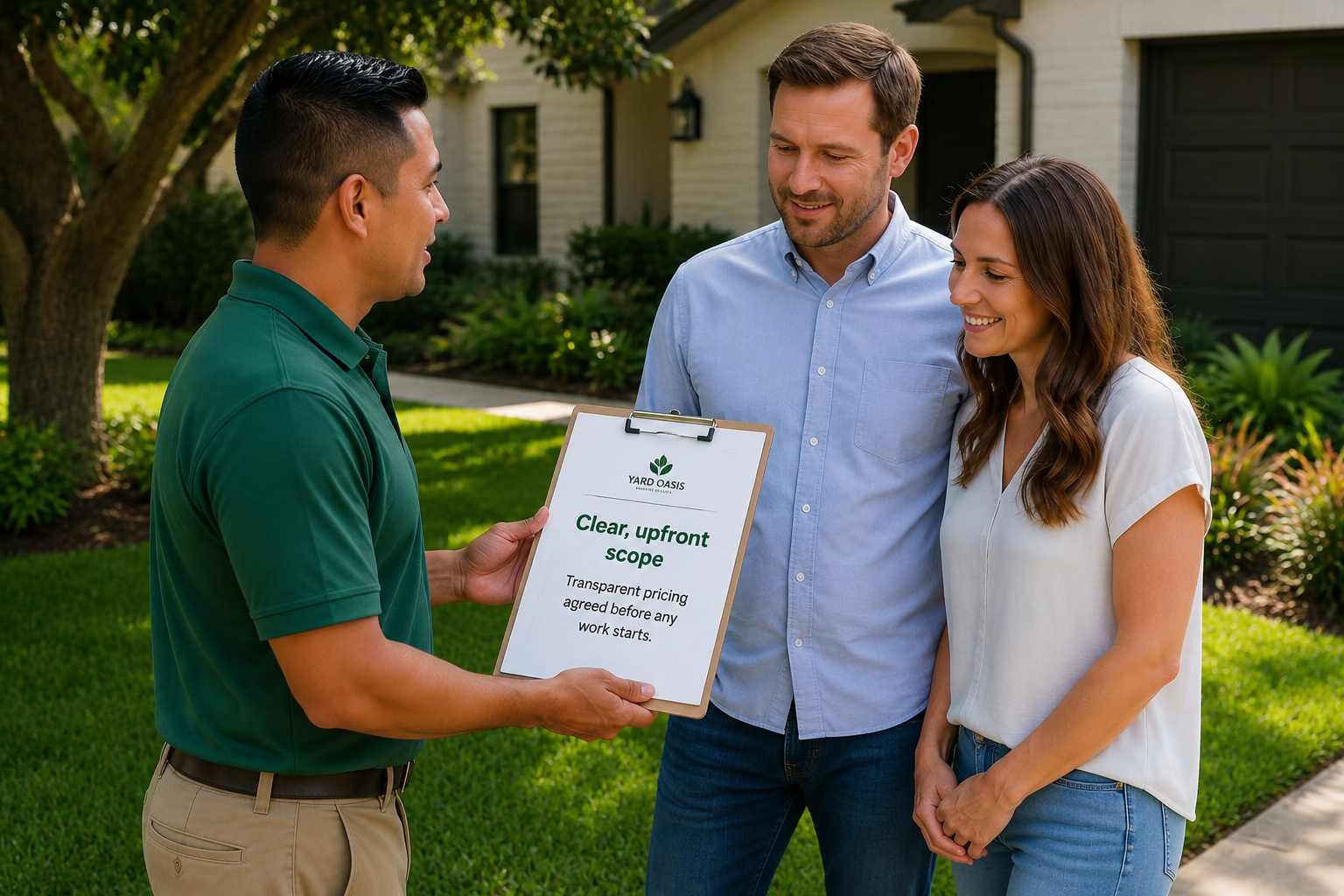 Landscaping professional reviewing a written estimate on a clipboard with an Austin homeowner couple in their front yard
