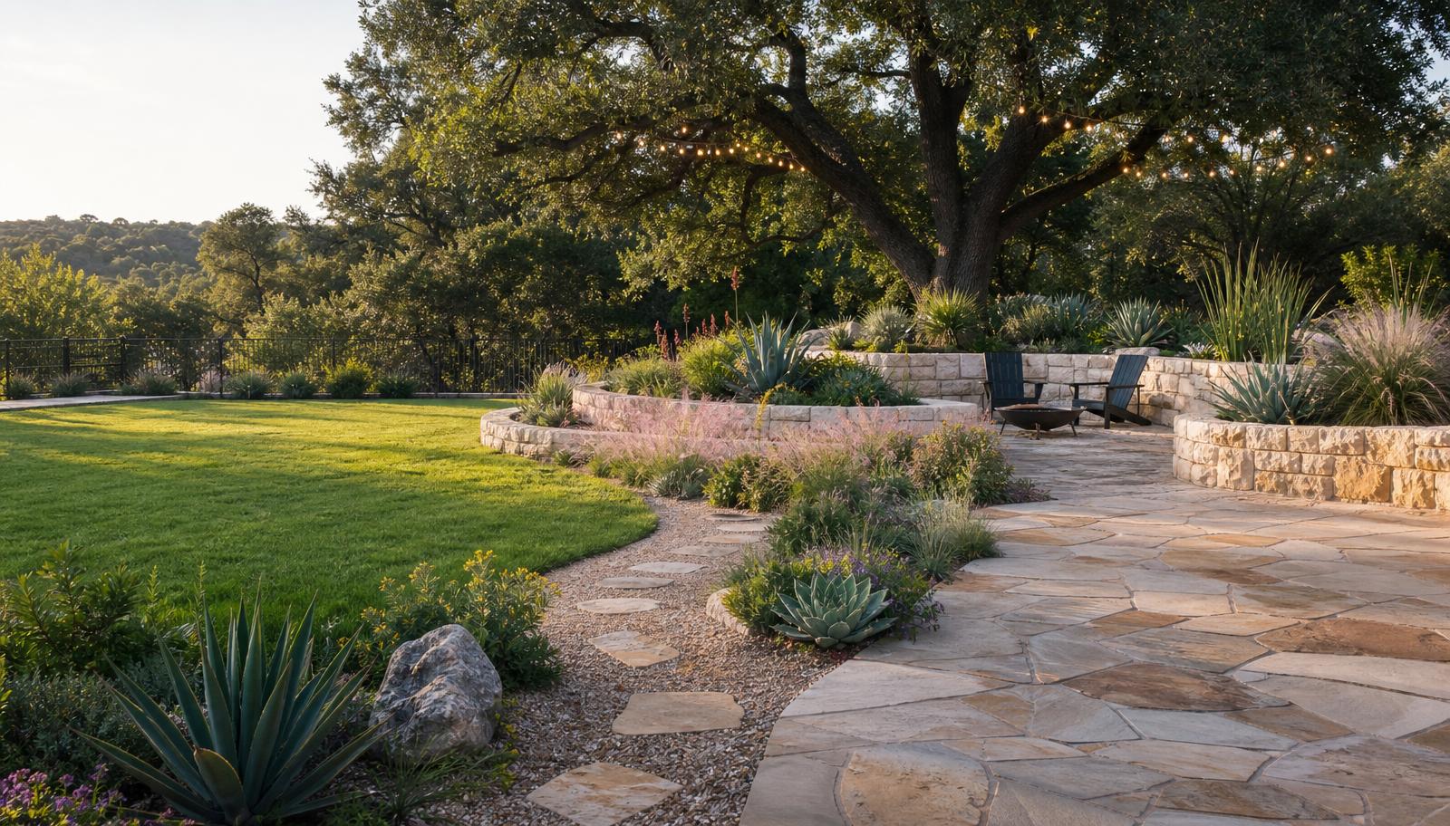 Finished Austin backyard with flagstone patio, limestone seat wall and native plantings