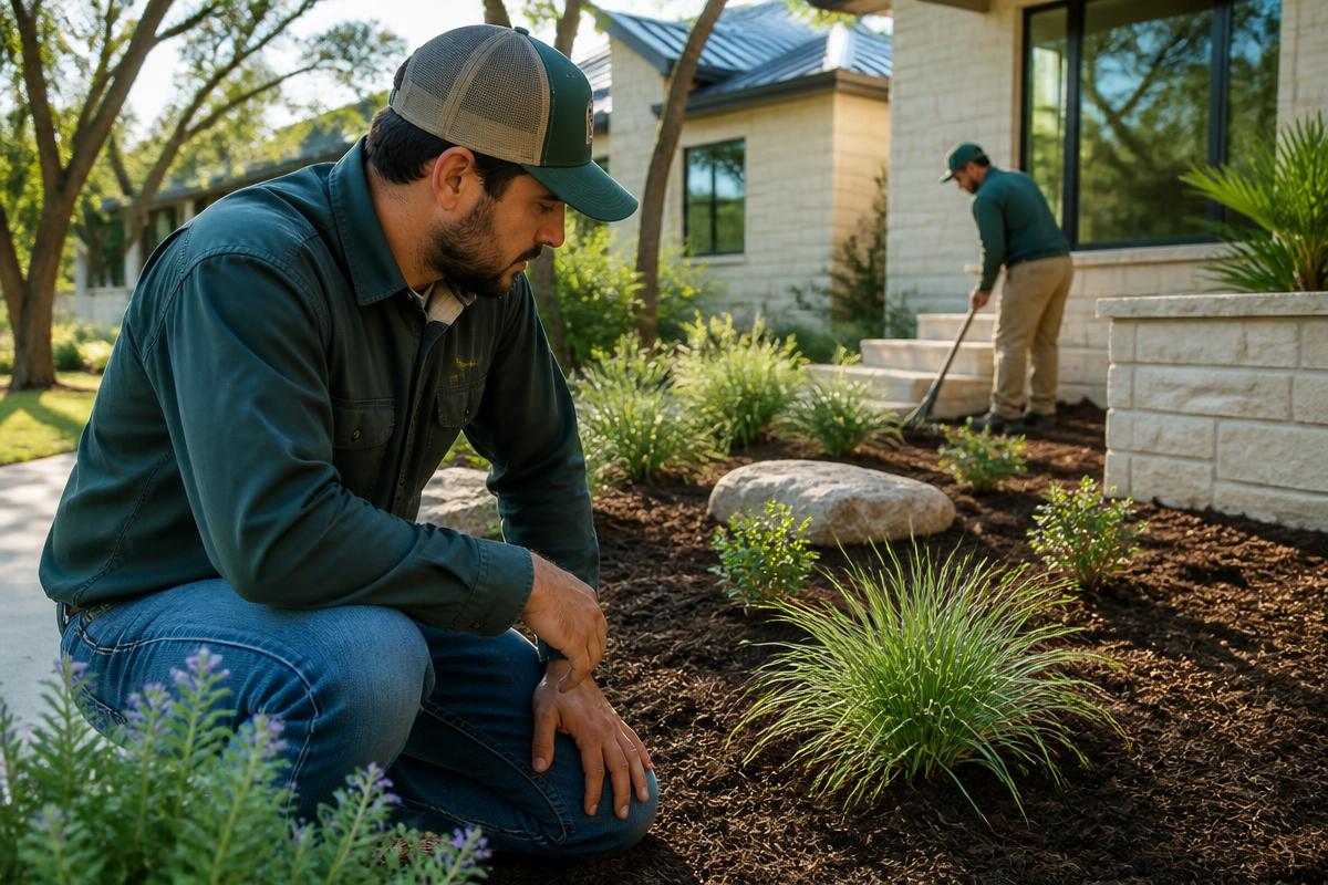 Landscaping company owner inspecting freshly mulched planting beds while a crew member works at an Austin, Texas job site