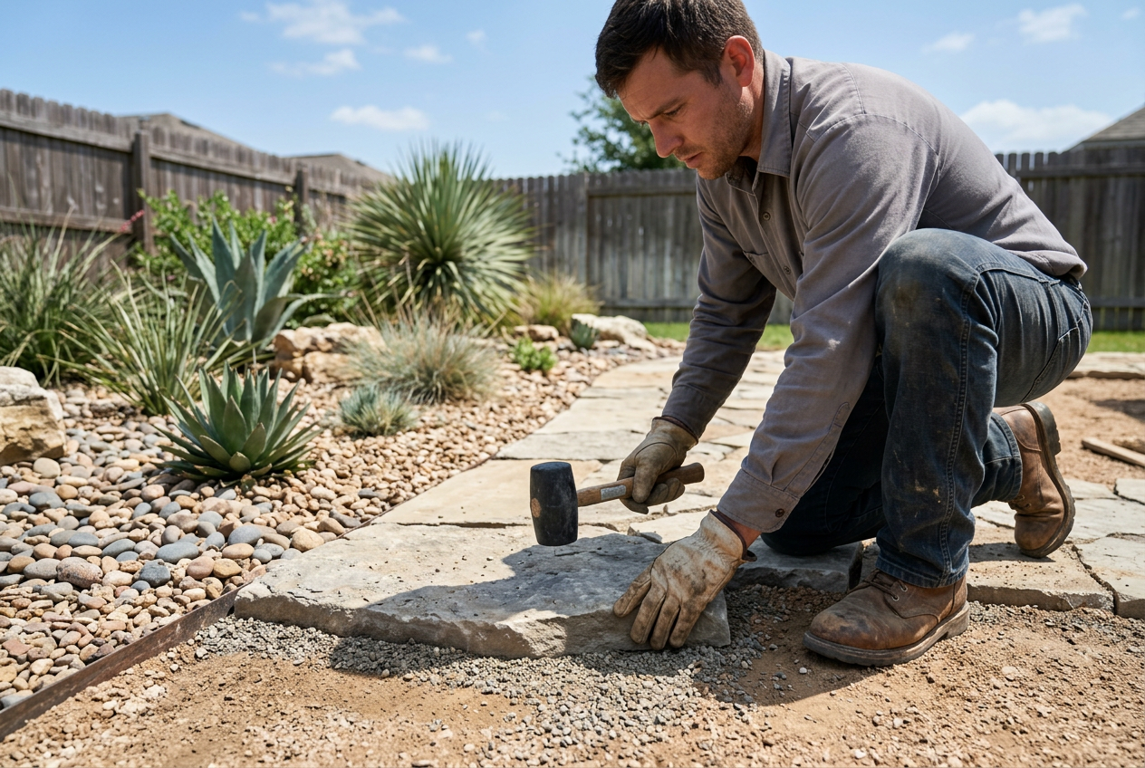 Hardscape worker setting a limestone paver into a decomposed granite walkway beside a native xeriscape bed