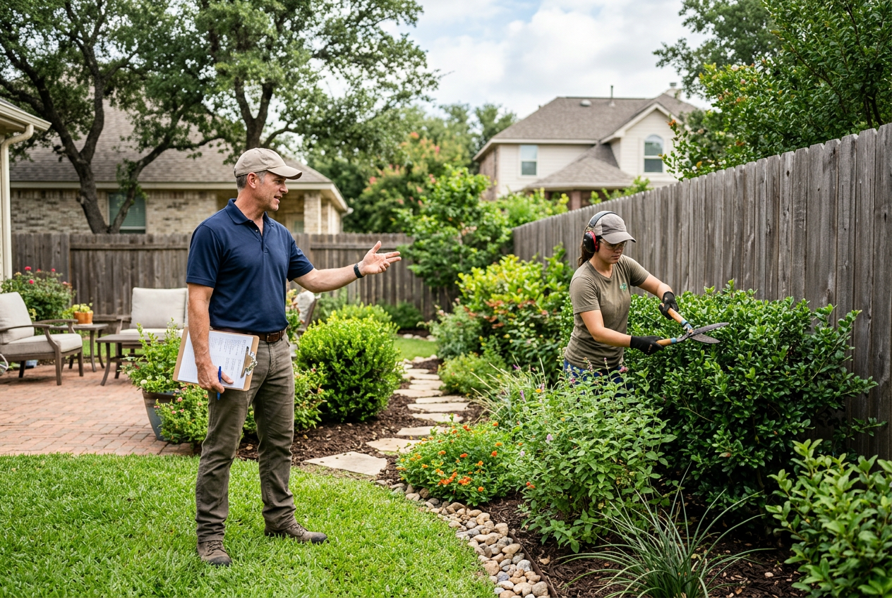 Landscaping business owner with a clipboard directing a crew member trimming shrubs in a residential Austin backyard