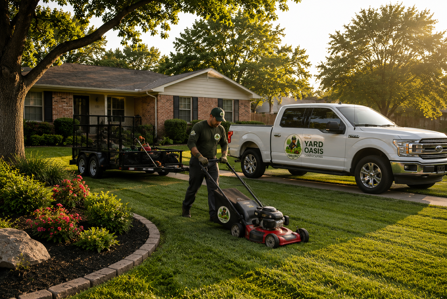 Austin Yard Oasis technician mowing a neat residential lawn with a branded truck and equipment trailer in the driveway