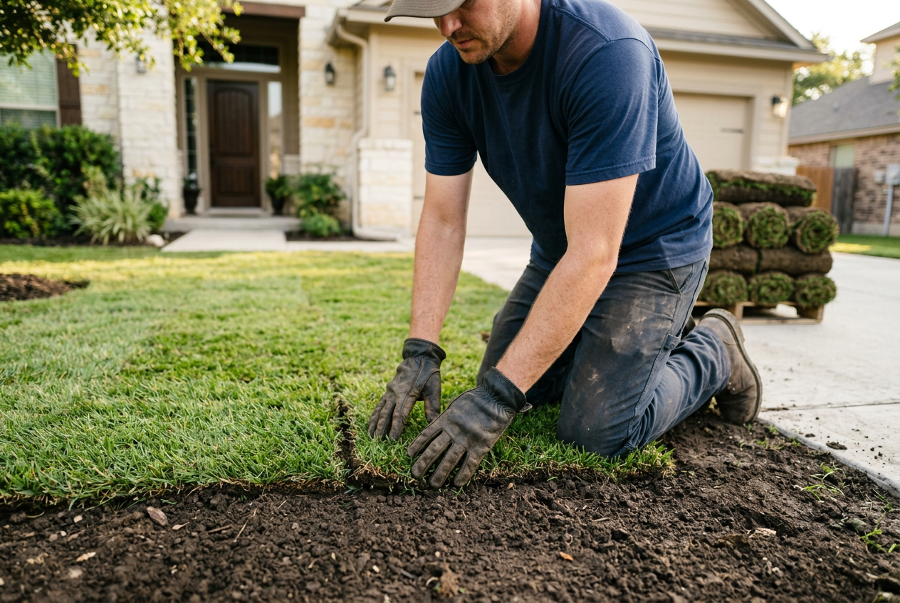 Landscaper laying fresh sod rolls in the front yard of a suburban Austin home being prepped for listing