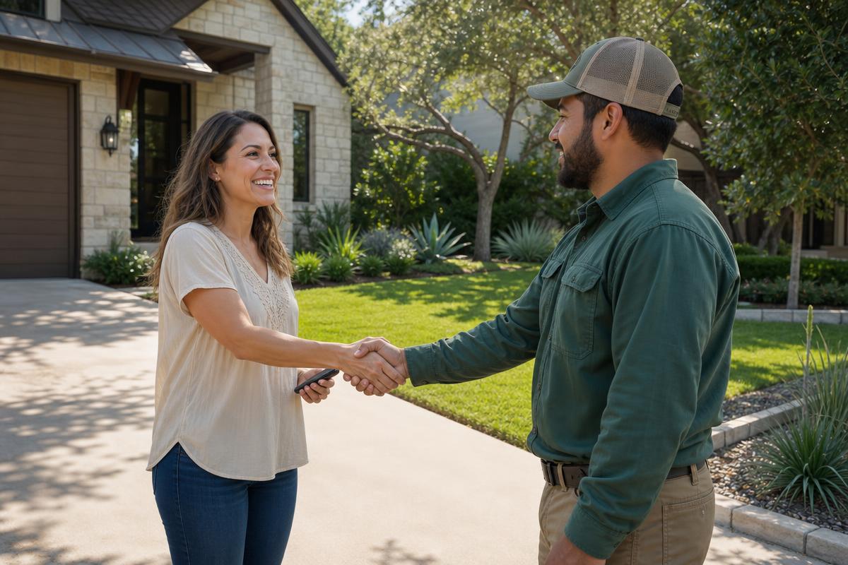 Happy Austin homeowner shaking hands with a landscaping professional in front of a freshly finished lawn