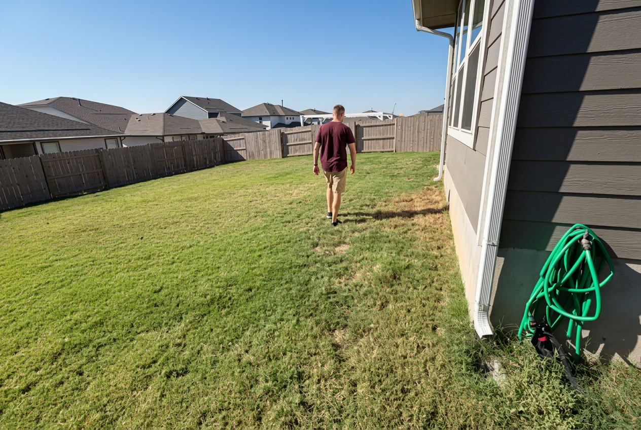 Austin Yard Oasis crew member walking a freshly mowed St. Augustine backyard lawn at an Austin home