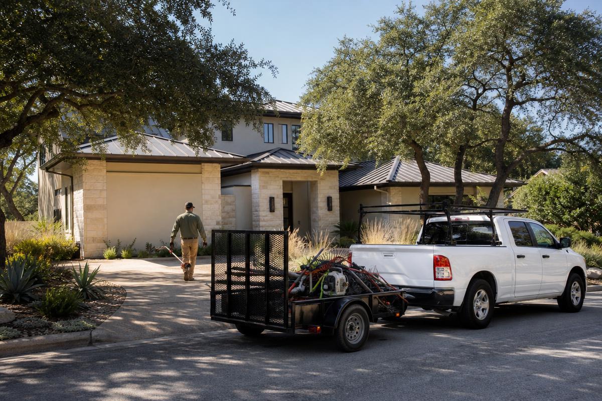 Landscaping truck and trailer parked at a suburban Austin, Texas home as a landscaper walks up the driveway